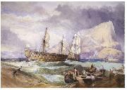 Clarkson Frederick Stanfield H.M.S 'Victory' towed into Gibraltar, oil painting artist